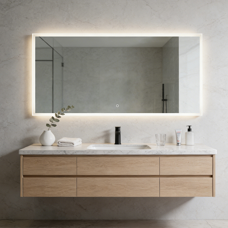 wall mirror with black shelf