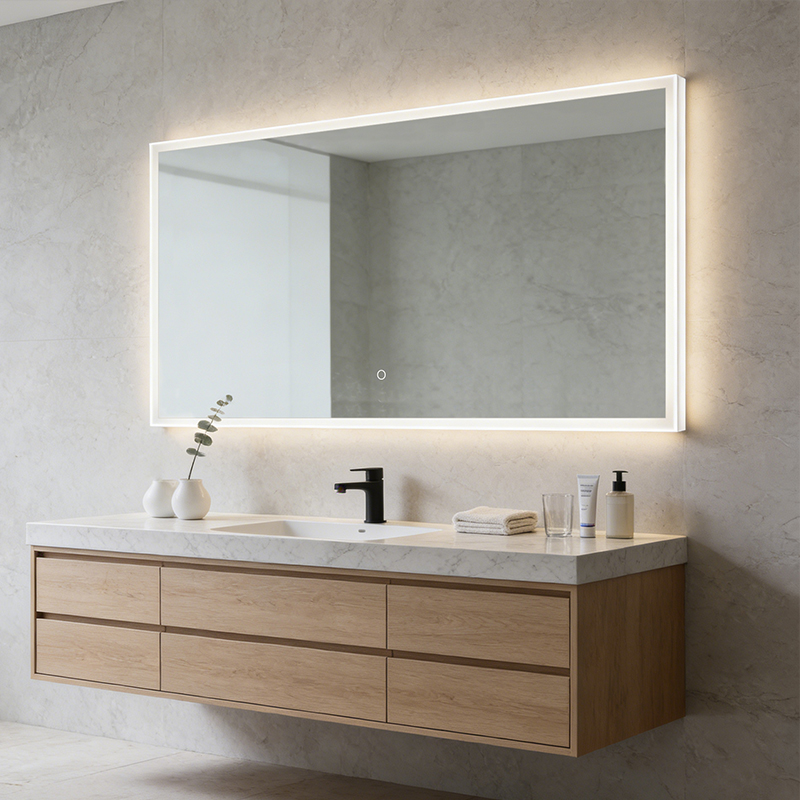 custom bathroom vanity mirror with shelf