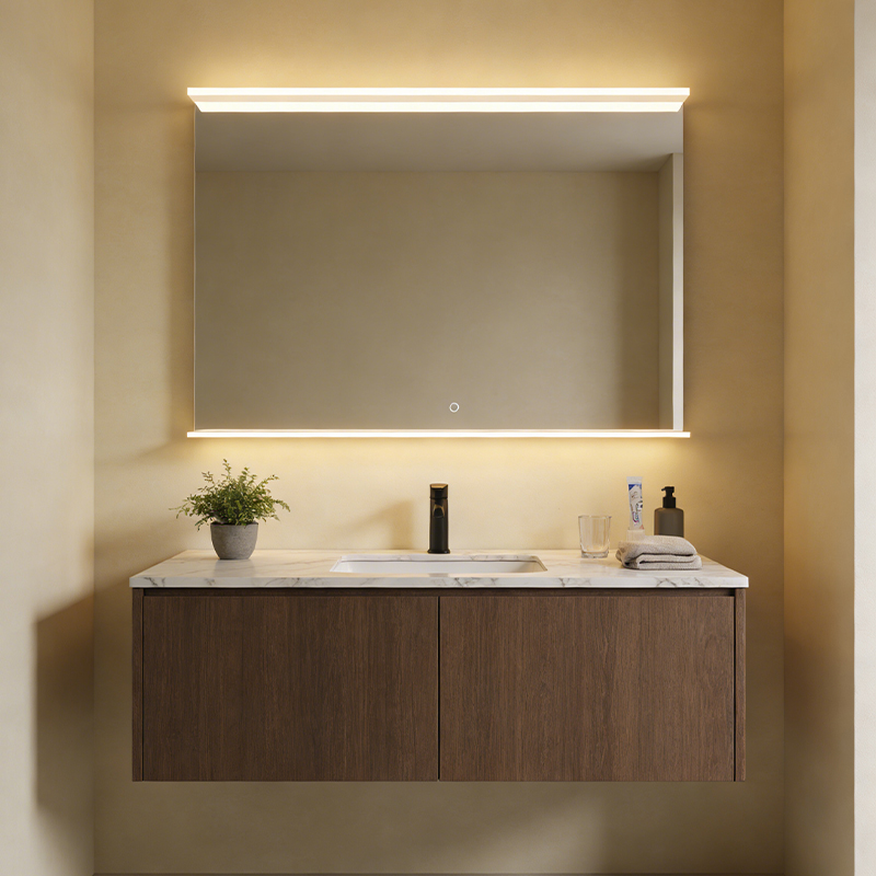 wall mirror with black shelf