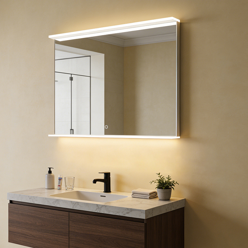 custom bathroom vanity mirror with shelf
