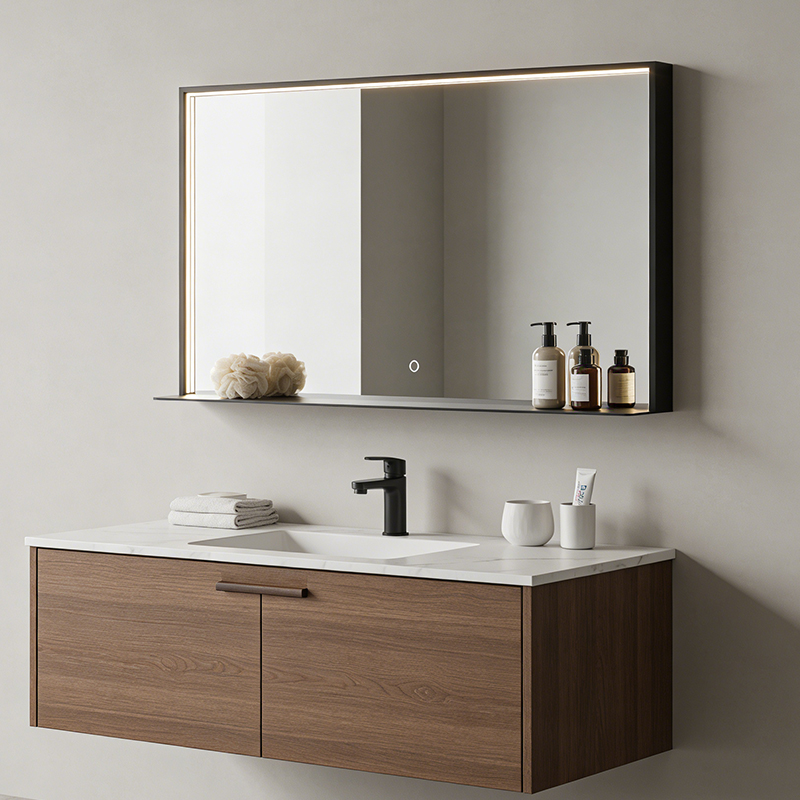 custom bathroom vanity mirror with shelf