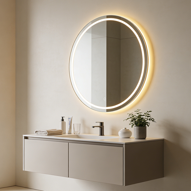 round led backlit mirror with magnifying glass