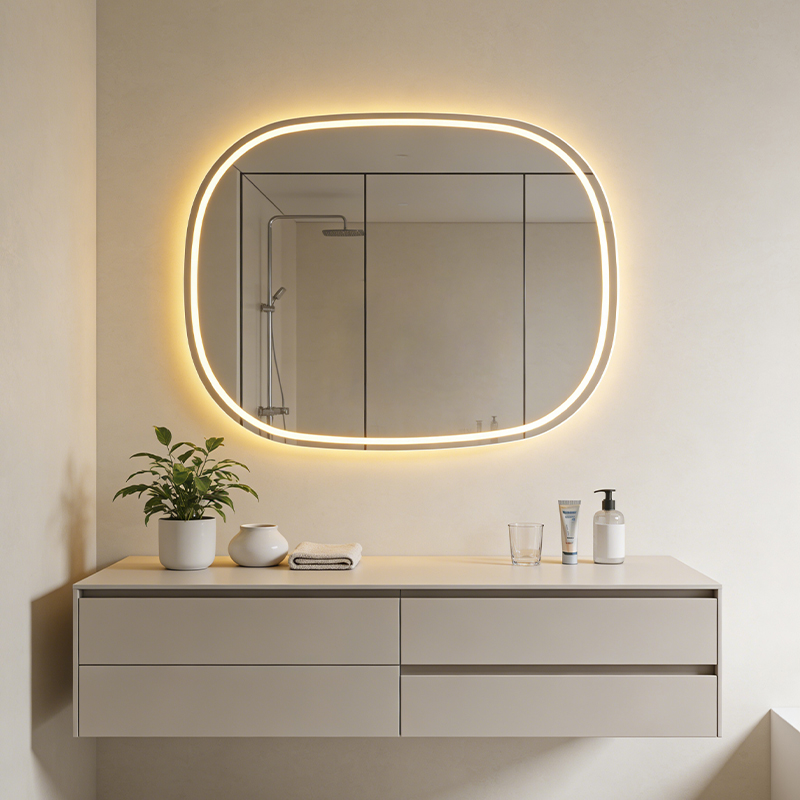 oval led bathroom mirror with shelf