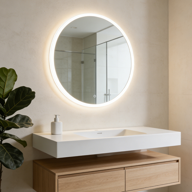 wall mirror with black shelf