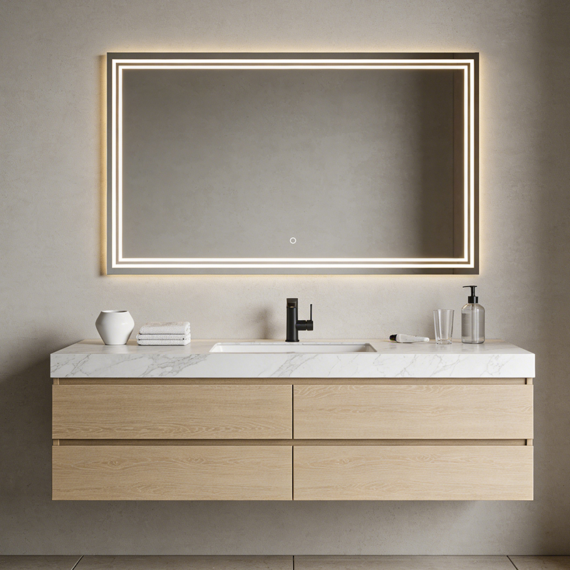 custom rectangular illuminated bathroom mirror