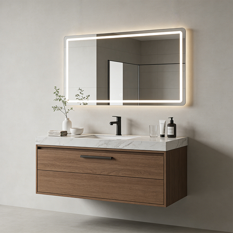rectangular illuminated bathroom mirror