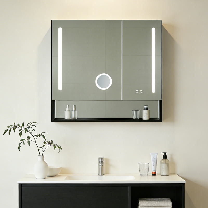 black medicine cabinet with lights
