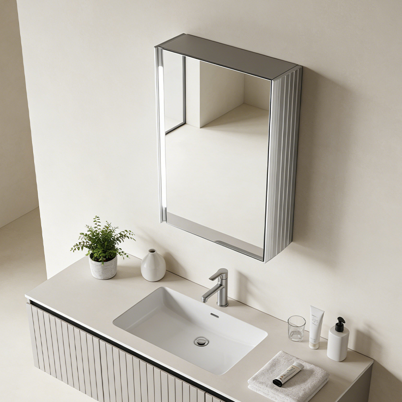 silver medicine cabinet with defogger