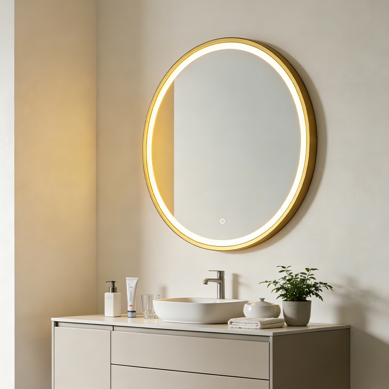 oval led mirror with shelf