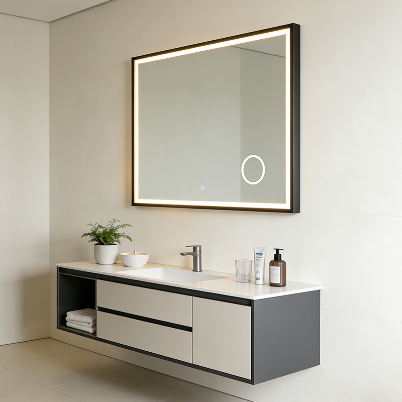 silver bathroom wall mirror with defogger