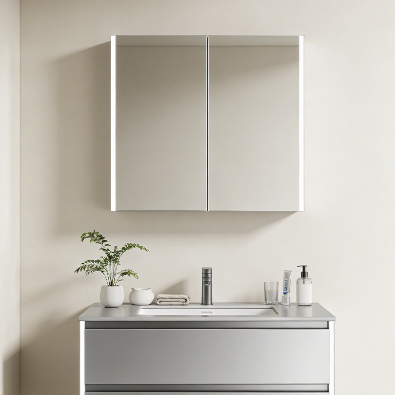 black mirror cabinet with lights