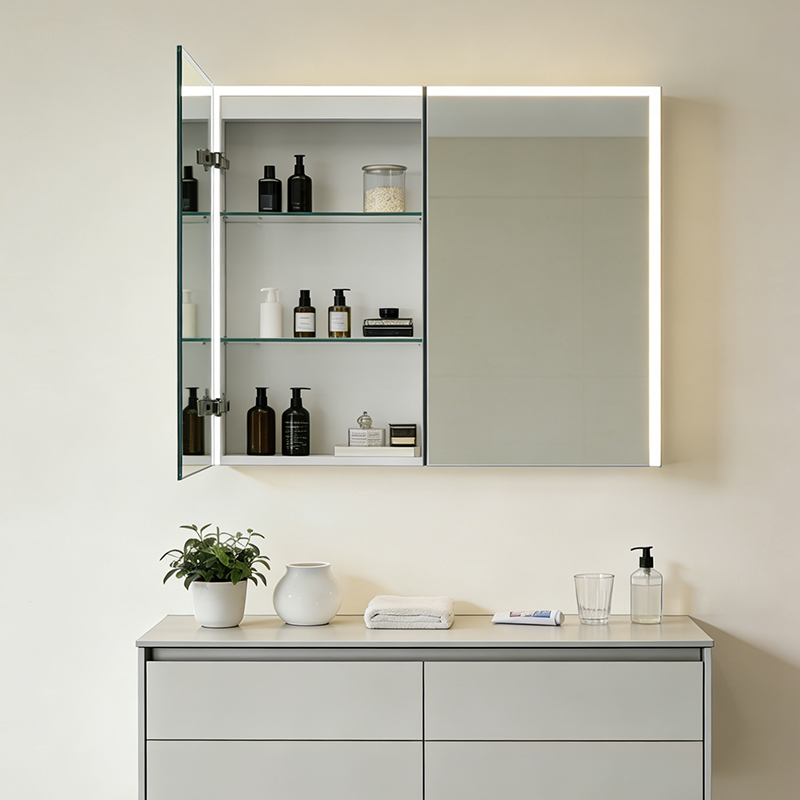 rectangular mirror cabinet with bluetooth