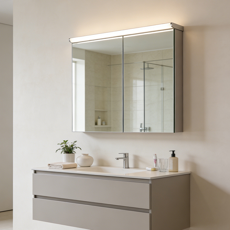 wall-mounted double door mirror cabinet with led lights